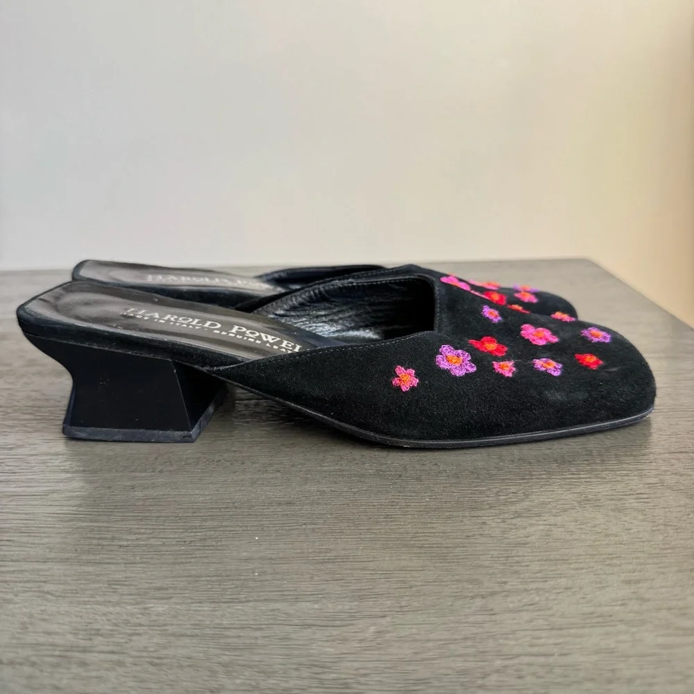 Vintage Embroidered Kitten Heels Mules Harold Powell Leather Suede Block Heels